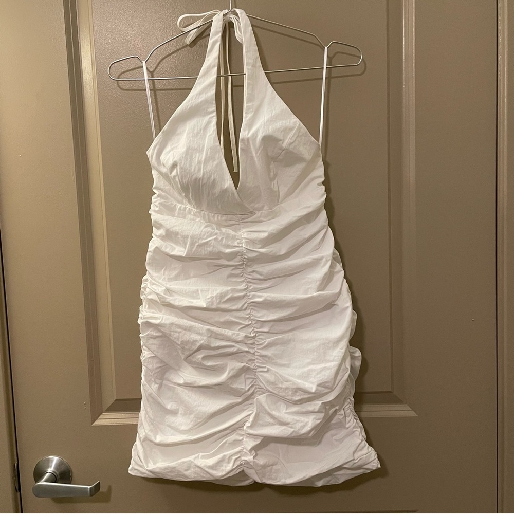Zara White Ruched Halter Dress